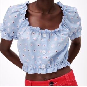 Zara Linen Blend Blue Daisy Ruffle Puff Sleeve Cottagecore Cropped Top size XS
